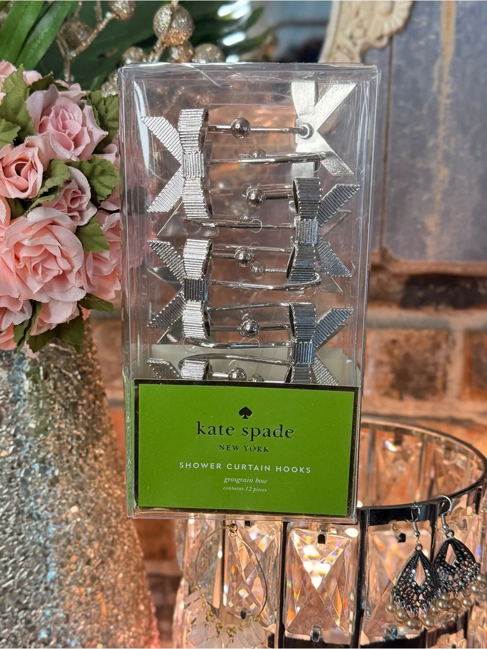 NEW in BOX ♠️ kate spade 12 Silver Grosgrain Bow Shower Curtain Hooks Curtains